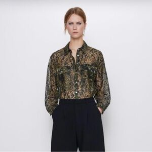 Zara Top Lace Animal Print Button Down Shirt Black/Gold Women’s Size Small
